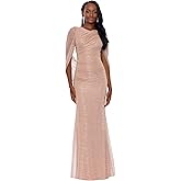 Betsy & Adam Women's Long Stretchy Metallic 3/4 Sleeve Cowl Neck Drape Back Formal Dress, Champagne, 8