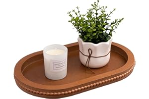 UBTKEY Oval Decorative Tray, Wooden Decorative Serving Tray for Kitchen Counter, Wood Beaded Tray for Farmhouse Home Living Room Decor, Brown, 15 Inch