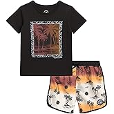 Volcom Baby Boys Swim Set - 2 Piece Short Sleeve Swim Shirt Graphic Tees & Board Shorts - Infant Toddler Little Boys Swimsuit