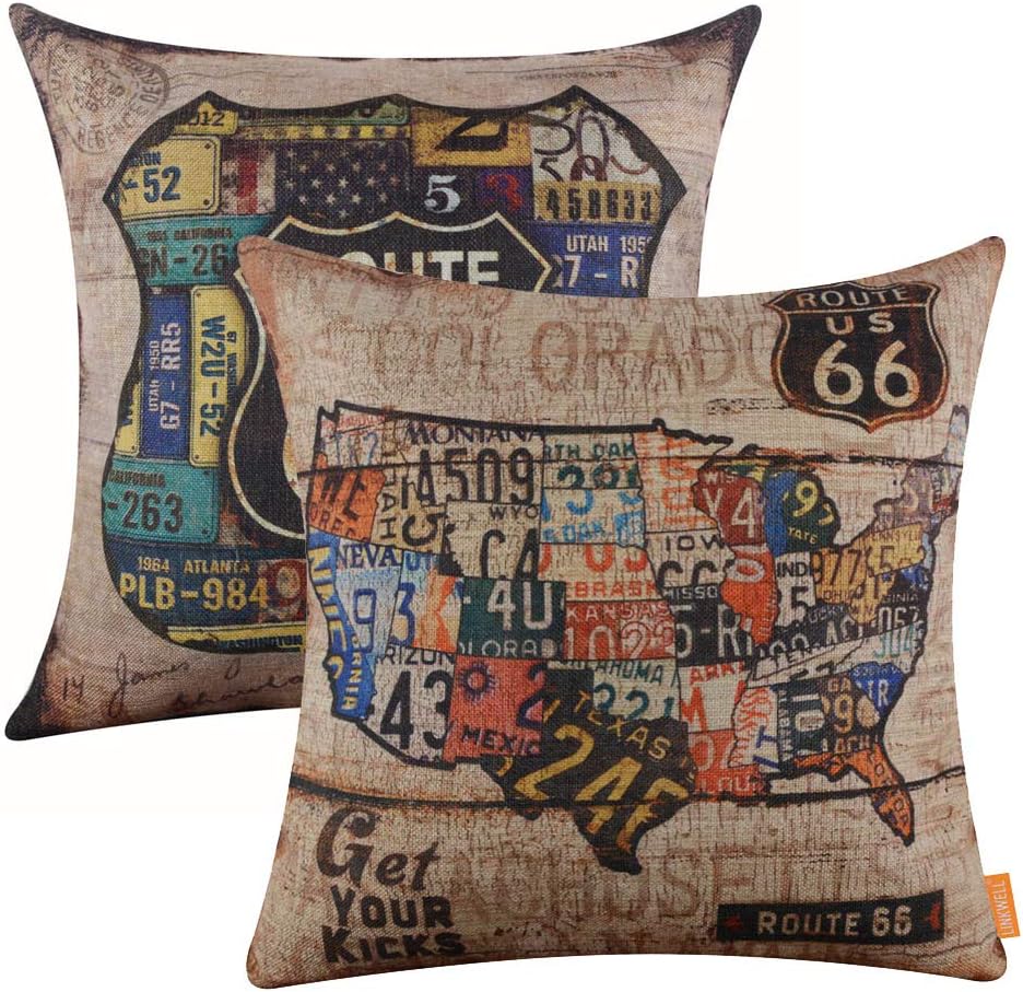 LINKWELL Pack of 2, Square Throw Pillow Covers Set Decorative Cushion Case for Sofa Bedroom Car Couch 18 x 18 Inch - Americana Decor Route 66 and USA Map CC965-1115