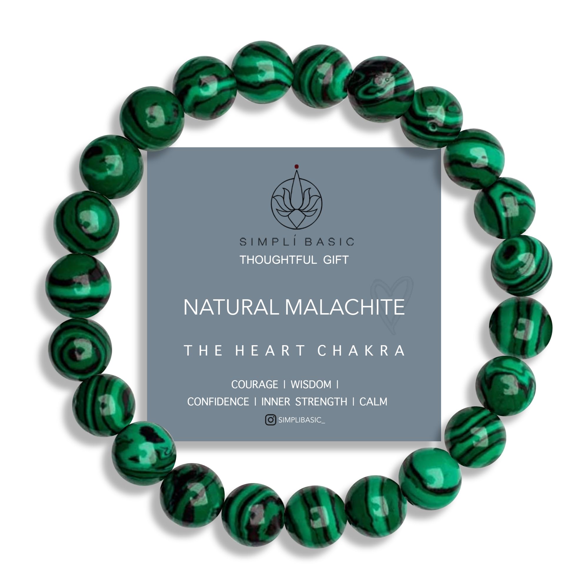 SIMPLÍ BASIC Natural Malachite Healing Gemstone Bracelet 8mm Bead | Womens & Mens | Success | Positive Energy | Wisdom | Inc Gift Box