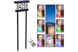 IVWVI Double Side Solar Address Numbers, Lighted House Numbers for Outside, Waterproof RGBW Color Changing Remote Control, Led Illuminated Solar Address Sign with Stakes for Garden Street Home Yard