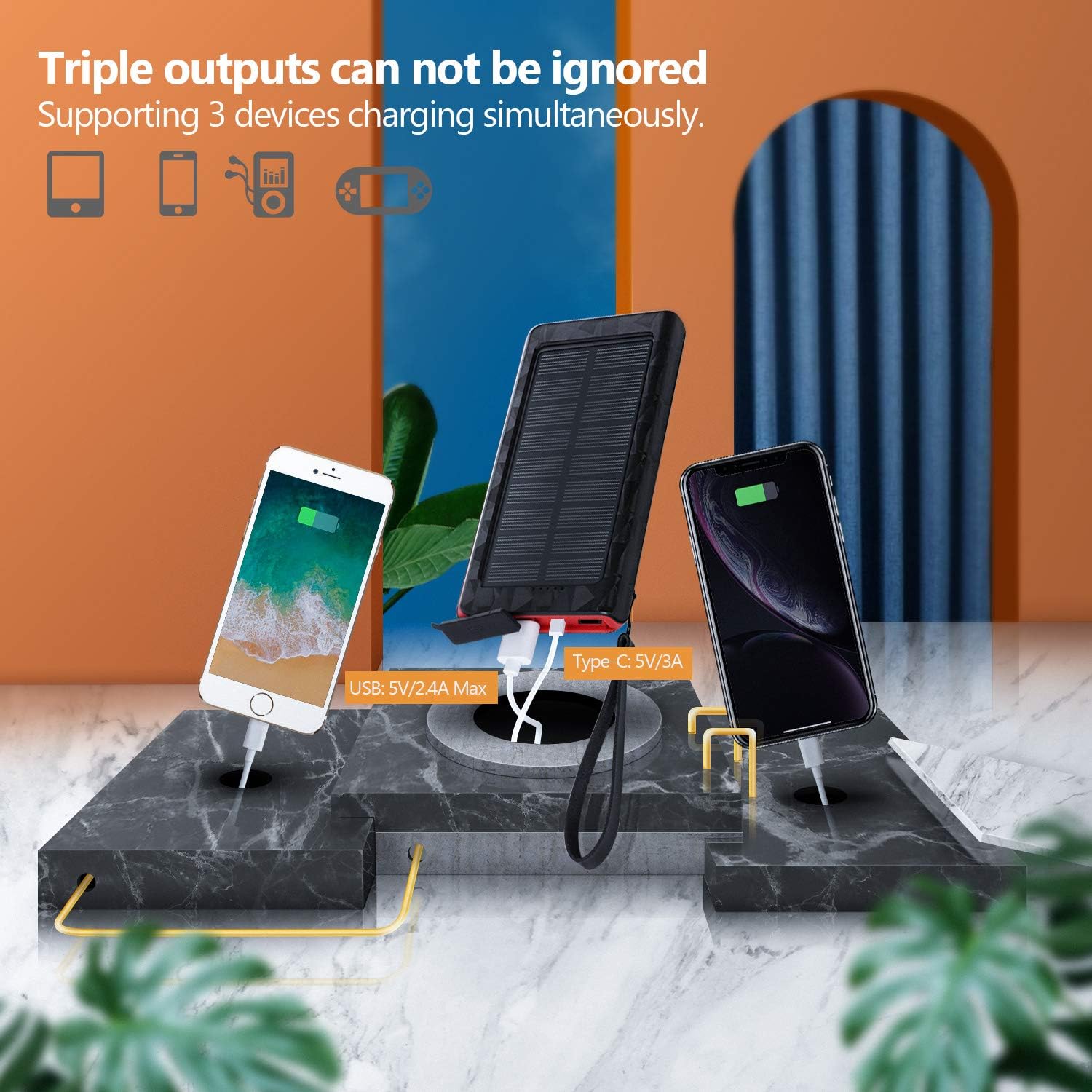 Solar Charger 20000mAh, Portable Phone Charger External Battery Pack, Compatible with iPhone Samsung Tablets & More, Type-C and Micro USB Inputs, 3 Outputs, Flashlight, Lanyard, IP54 Rainproof: Electronics