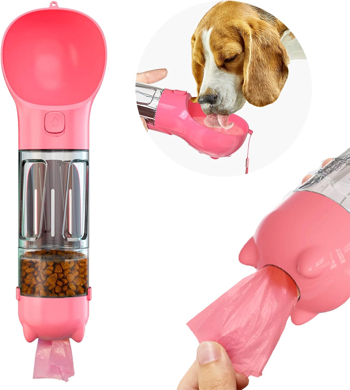 Morn Light Dog Water Bottle with Food Storage|Multi-Functional Water Dispenser with Poop ShovelHeavy Duty Dishwasher Safe Drinking Feeder for Pets Outdoor Walking,Hiking,Travel (Pink)