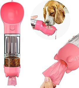 Morn Light Dog Water Bottle with Food Storage|Multi-Functional Water Dispenser with Poop ShovelHeavy Duty Dishwasher Safe Drinking Feeder for Pets Outdoor Walking,Hiking,Travel (Pink)