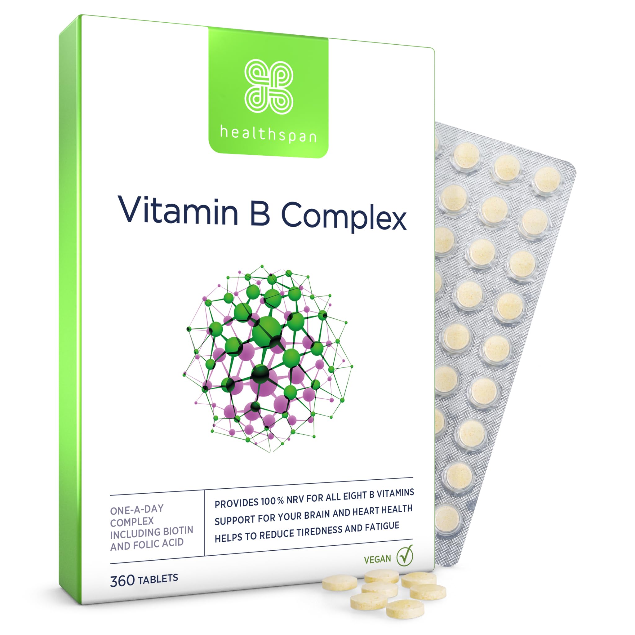 Healthspan Vitamin B Complex | 8 B-Complex Vitamins | Heart Health, Mental Performance & Psychological Function | Combat Tiredness & Fatigue | Gelatin Free | Vegan (360 Tablets)