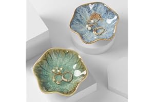 Ceramic Jewelry Dish Set of 2, Jade Green & Vintage Blue Petal Trinket Tray Set Lotus Leaf-Shaped Trinket Tray and Ring Holde