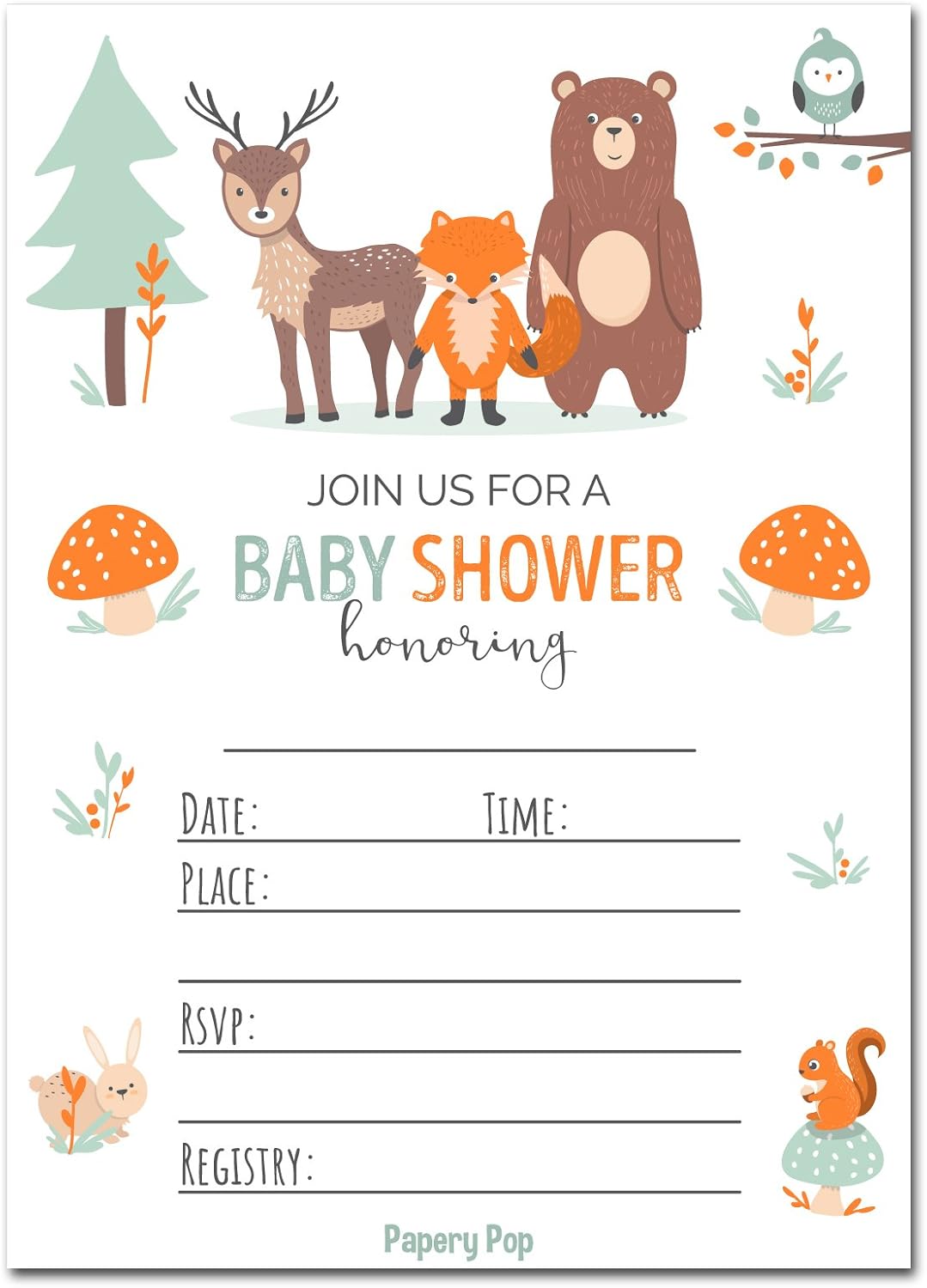 Papery Pop 30 Baby Shower Invitations for Boy or Girl with Envelopes (30 Pack) - Gender Neutral - Fits Perfectly with Woodland Animals Baby Shower Decorations and Supplies