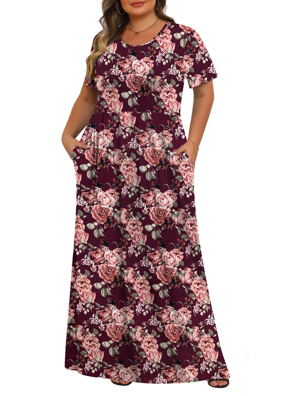 Womens Plus Size Maxi Dresses Summer 2026 Casual Short Sleeve with Pockets Long Dress Peony Purple 1X Image