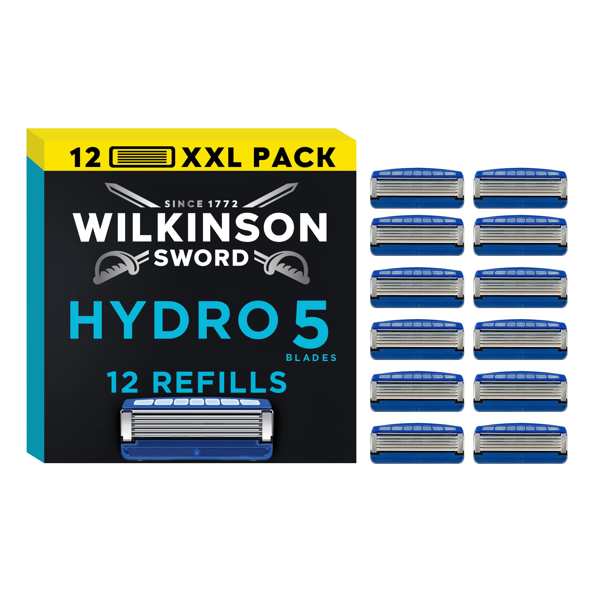 Wilkinson Sword Hydro 5 Men’s Razor Refills, Great Addition to Wash Bags for Men's Grooming, Great Shavers for Routine Shaving and Holidays, 12 Refill Razor Blades Pack