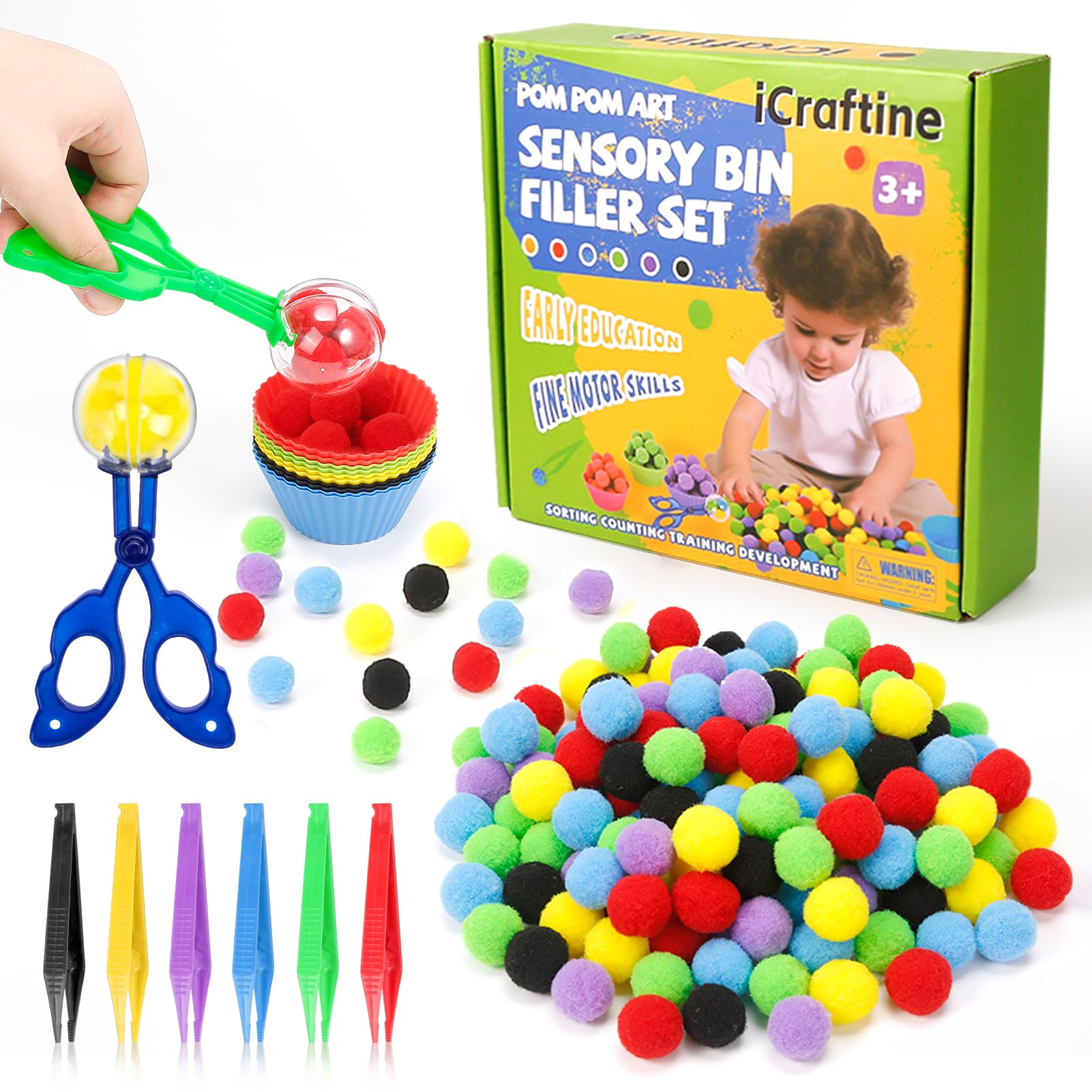iCraftine 170 PCS Counting Sorting Fine Motor Skills Sensory Bin Filler Include 12 Sorting Bowls, 150 Pom Poms, 6 Tweezers, 2 Scooper Scissors for Kids Early Education, Sorting Counting Training — image 1