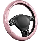 PIC AUTO Steering Wheel Cover, Pink Patterned Leather Patchwork Design, Universal Fit 14.5"–15.5", Anti-Slip, Odor-Free, Soft PU Grain Leather, Durable Grip Car Accessory for Girls & Women