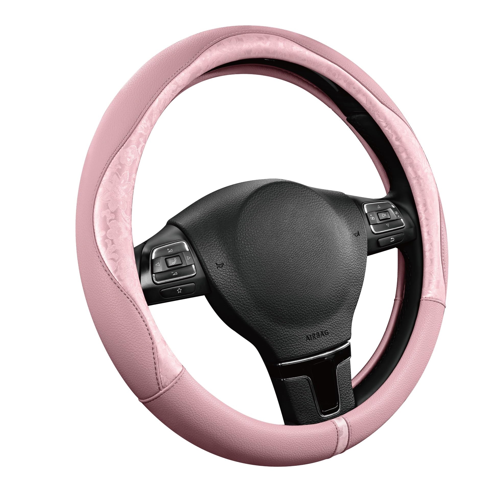 Photo 1 of PIC AUTO Steering Wheel Cover, Pink Patterned Leather Patchwork Design, Universal Fit 14.5"–15.5", Anti-Slip, Odor-Free, Soft PU Grain Leather, Durable Grip Car Accessory for Girls & Women