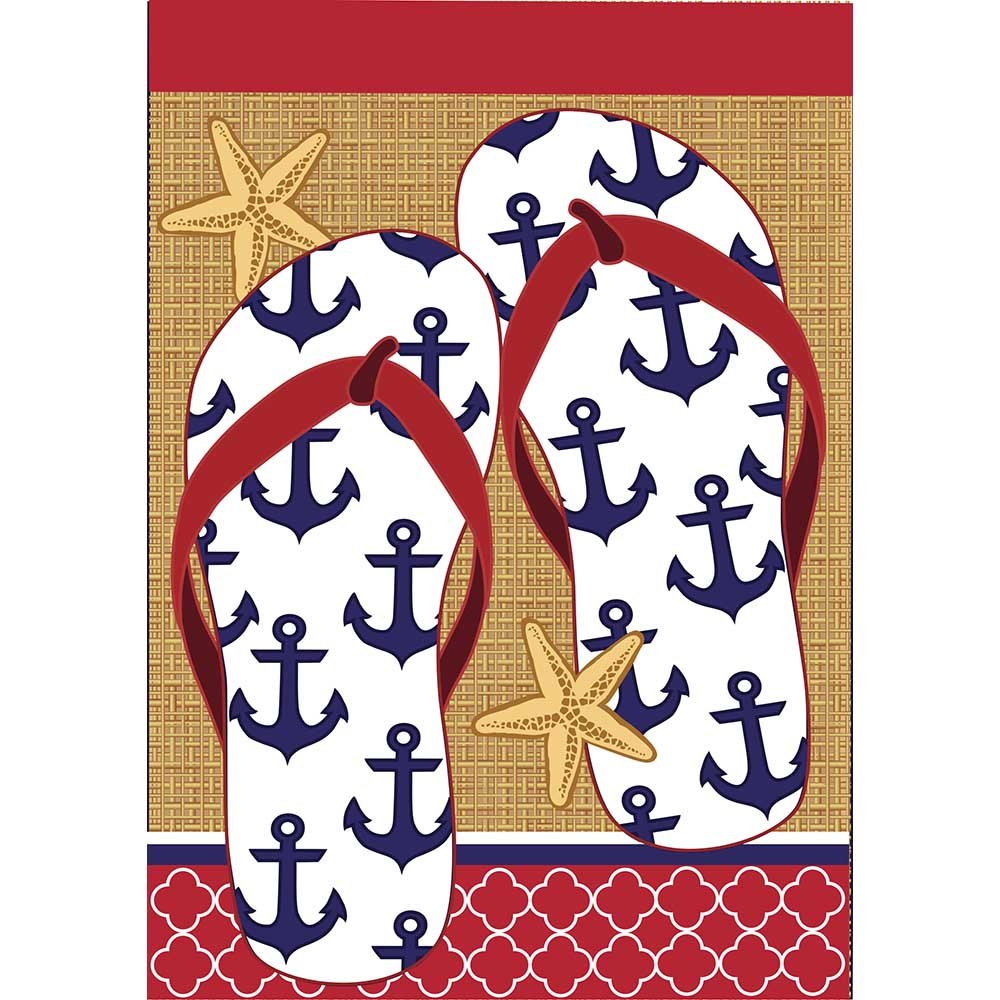 Nautical Anchors and Sea Star Flip Flops 18 x 13 Rectangular Burlap Double Applique Small Garden Flag