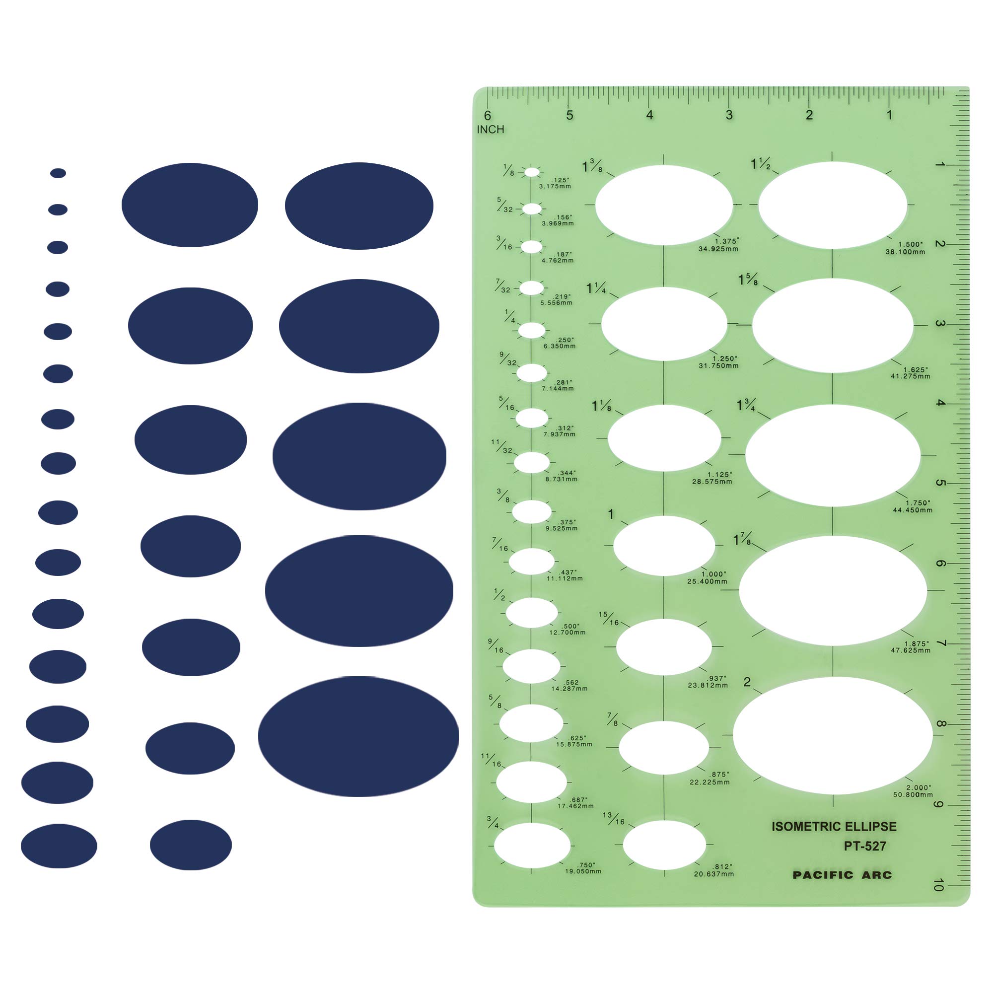 Pacific Arc Isometric Ellipse Guide Template, 27 Total Ellipse from 1/8 Inch to 2 Inch with Inch Graduations