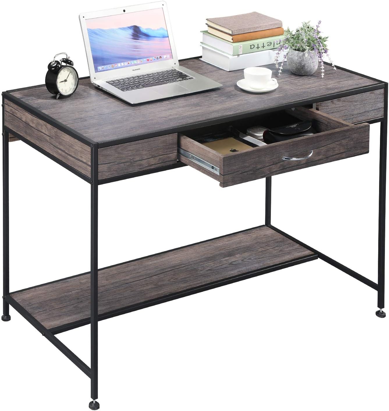 Aingoo Writing Computer Desk with Drawer Industrial Laptop Study PC Workstation Desk Table with Metal Frame for Home Office Brown