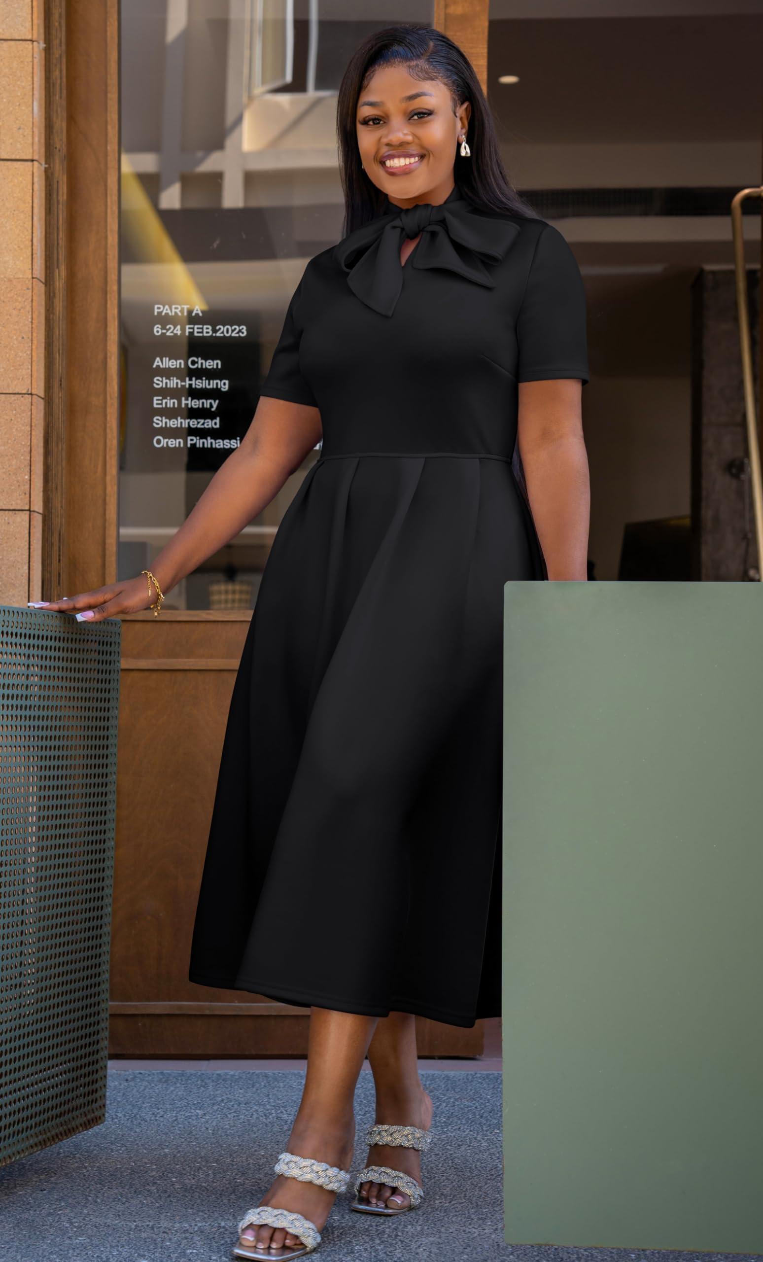 Memoriesea Women's Elegant Casual Short Sleeve Work Party A-Line Dress with Pockets