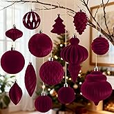 18Pcs Velvet Christmas Tree Ornaments Set, Wine Red Shatterproof Flocked Christmas Decorations Bulk for Tree, Burgundy Decorative Hanging Ball Ornaments for Xmas Holiday Home Party Decor