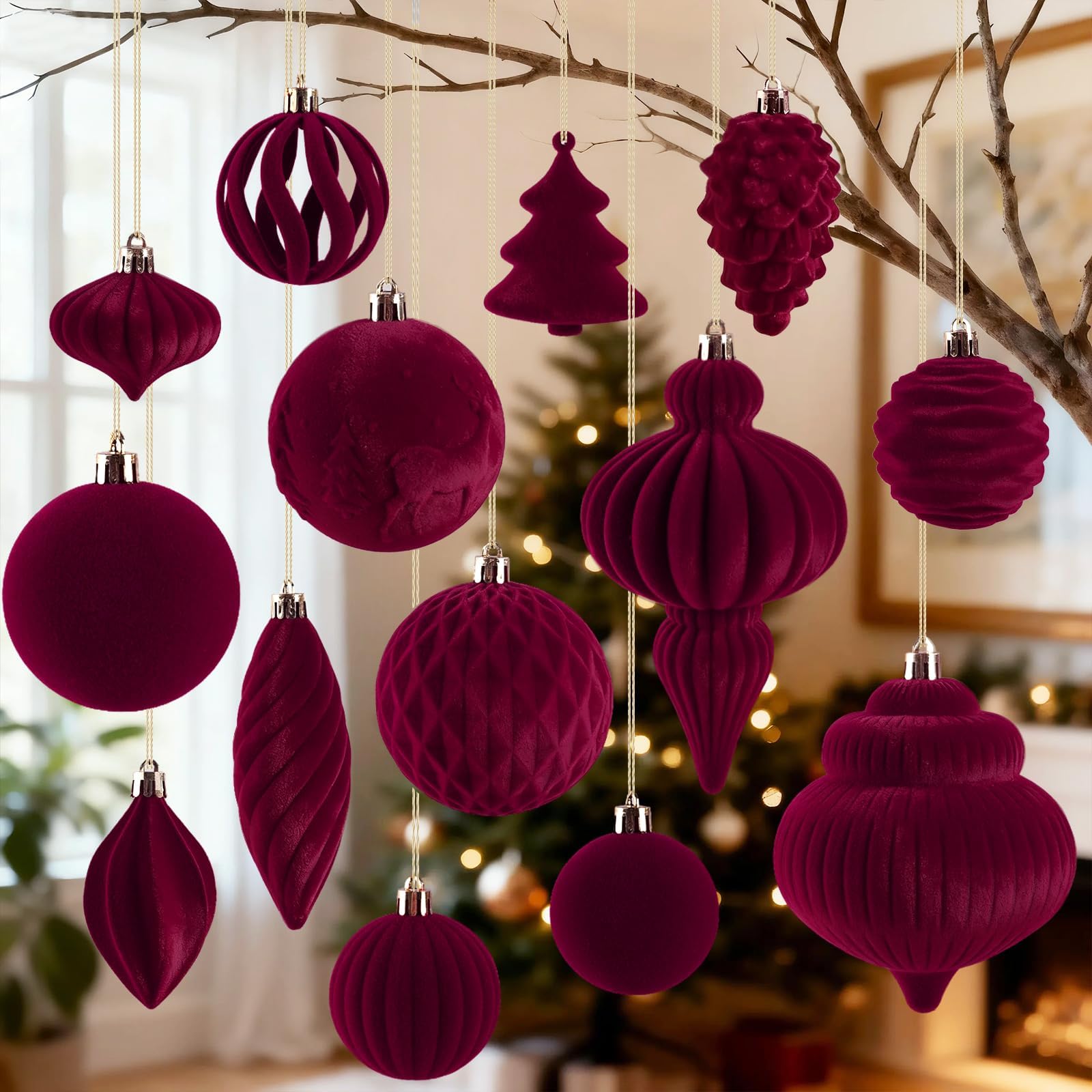 Photo 1 of 18Pcs Velvet Christmas Tree Ornaments Set, Wine Red Shatterproof Flocked Christmas Decorations Bulk for Tree, Burgundy Decorative Hanging Ball Ornaments for Xmas Holiday Home Party Decor