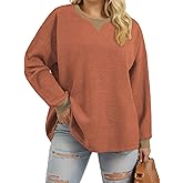 VISLILY Womens-Plus-Size-Sweatshirts Trendy Color Block Casual Long Sleeve Tops Waffle Knit Oversized Shirts Loose Fit Tunics