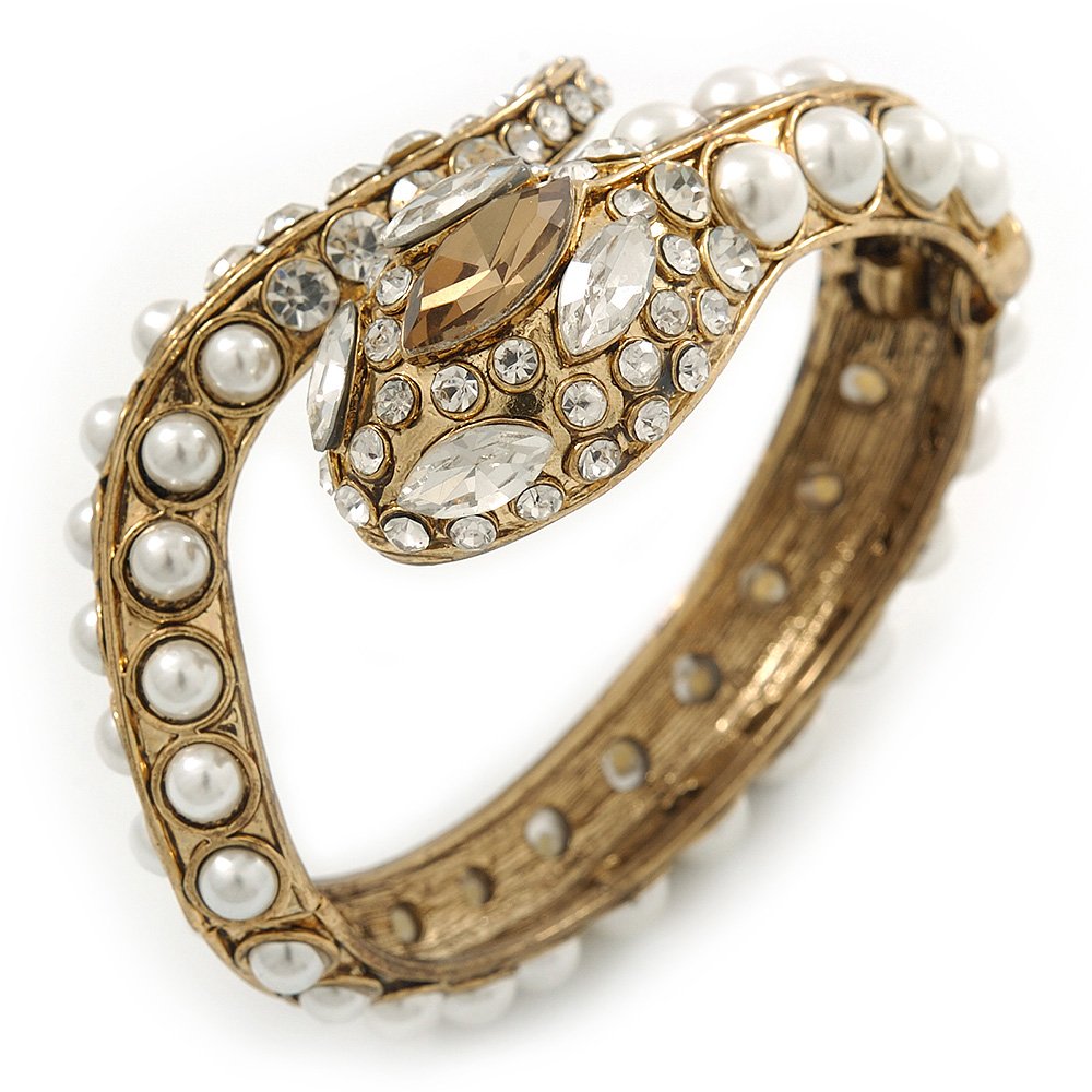 Avalaya Faux Pearl Crystal Snake Hinged Bangle/Gold Tone/Vintage Inspired/ 19cm L/Size M/L