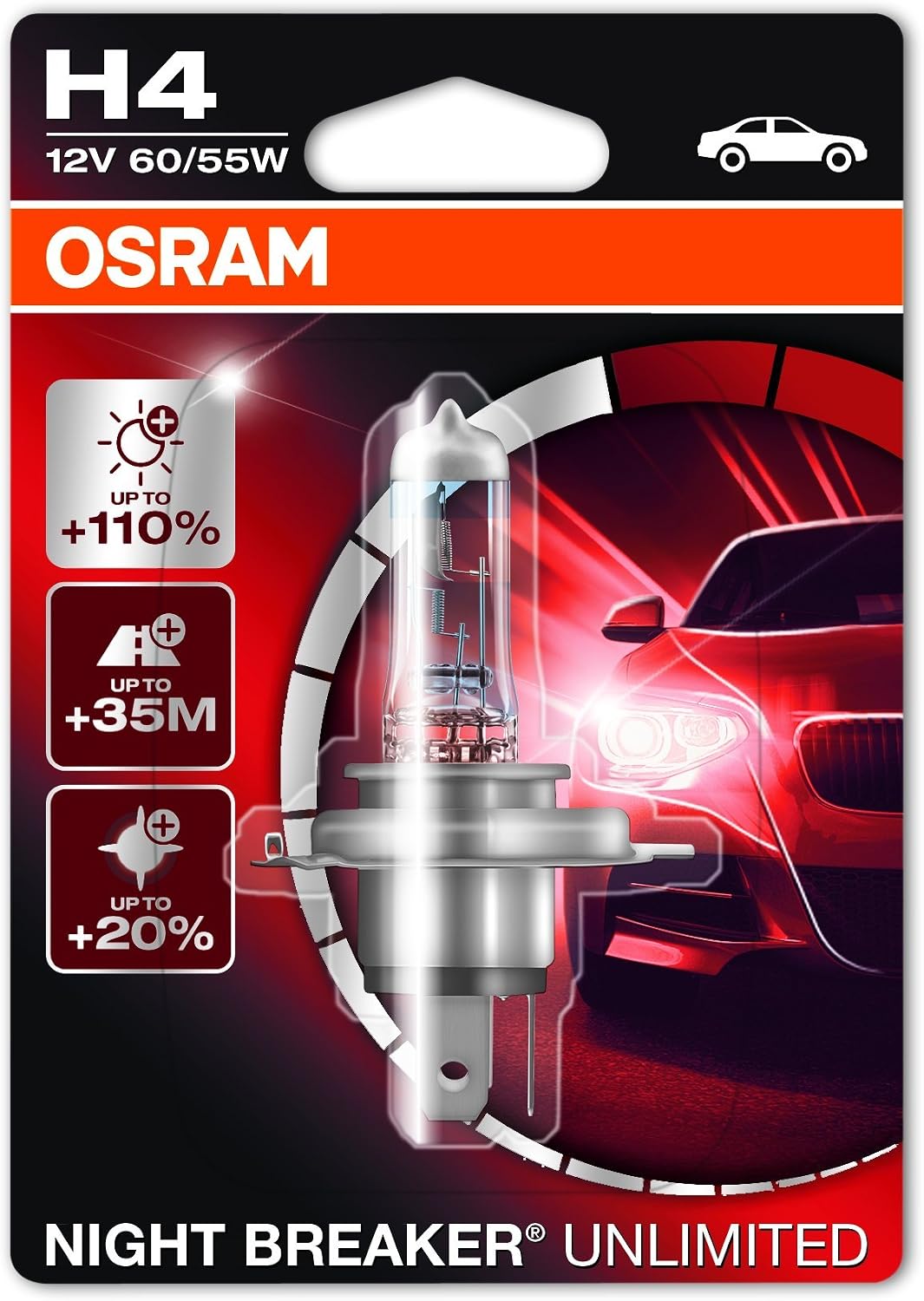 OSRAM NIGHT BREAKER UNLIMITED H4, halogen-headlamp bulb, 64193NBU-01B, 12V, single blister (1 piece), Sans