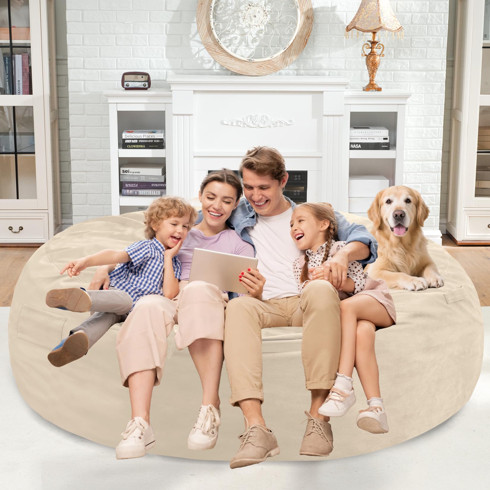 Homguava 7 FT Bean Bag Chair: 7' Bean Bags with Memory Foam Filled, Large Beanbag Chairs Soft Sofa with Dutch Velvet Cover-Dark Beige