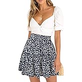 DooMoni Women's High Waisted Floral Mini Skirt Drawstring Boho Print Ruffle Summer Short Skirts