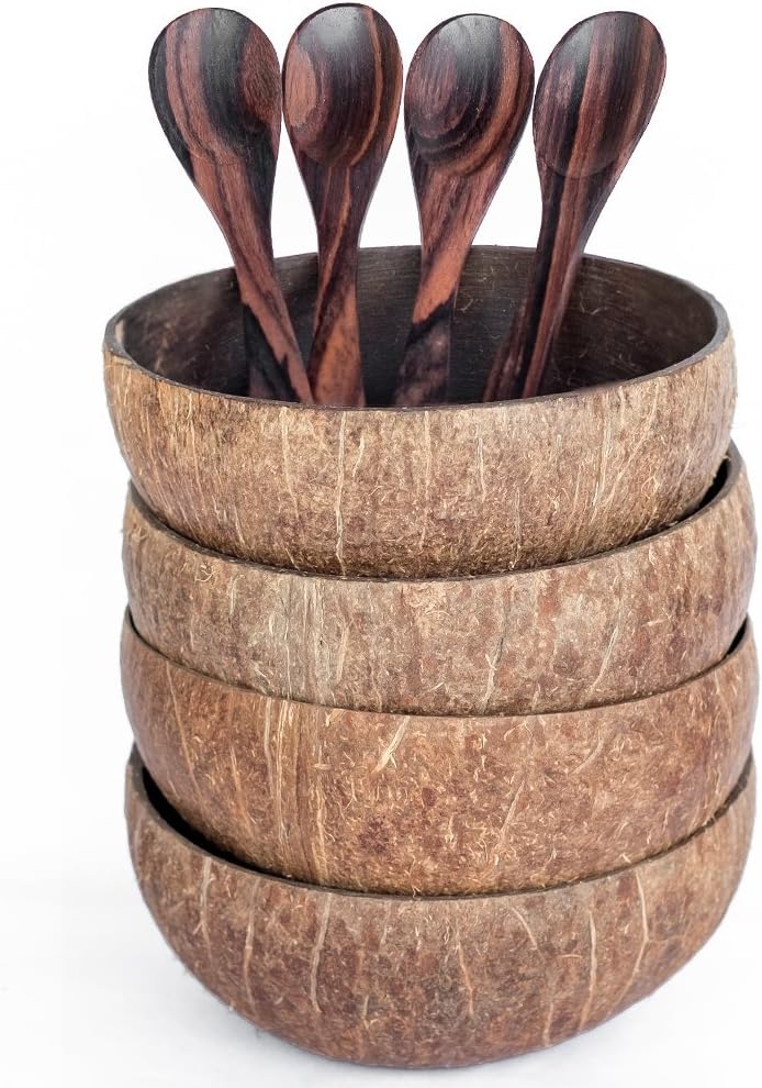 Bali Harvest Natural Coconut Bowls and Wooden Sono Spoons - 100% Vegan & Natural Handmade from Reclaimed Coconut Shells (4 Bowls with 4 Spoons)