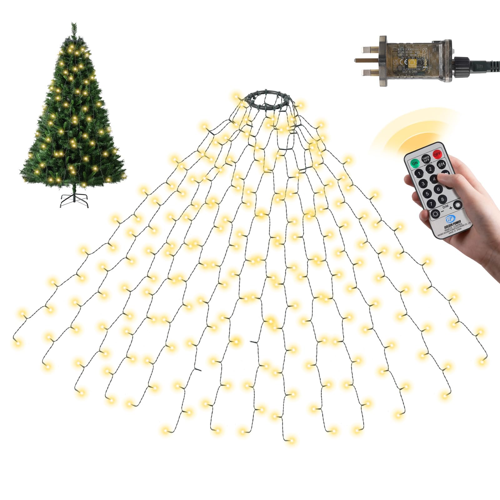 SALCAR Christmas Tree Lights, 2m x 8 Strands 280 LED Fairy Lights for 6-8ft Christmas Tree, Easy to Install, Indoor & Outdoor Decoration, 8 Modes, Warm White (Warm White, 2m) (Remote Warm White, 3m)