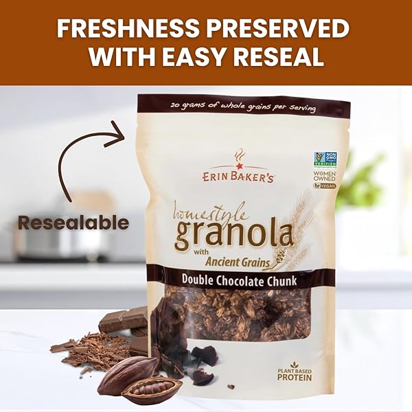 ERIN BAKER’S HOMESTYLE DOUBLE CHOCOLATE GRANOLA WITH ANCIENT GRAINS – MADE FROM NATURAL INGREDIENTS, CRUNCHY, VERSATILE SNACK OR CEREAL – VEGAN FRIENDLY, NON-GMO, RESEALABLE 12OZ BAG