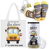 Sieral 4 Pcs School Bus Driver Appreciation Gifts for Women Men 12 oz Stainless Steel 4 in 1 Design Bus Driver Tumbler Cup and Lids Funny Bus Driver Canvas Bag Bus Driver Keychain Bus Driver Socks