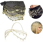 XHBTS Multi-Row Coins Belly Dance Wrap & Hip Scarf, Sequins Head Chain Festival Halloween Prom Costume Hair Accessories Headbands Headpieces for Women and Girls