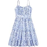 RoseSeek Girl's Summer Dress Floral Ruffle Hem Spaghetti Strap Ruched Bust Cami Short Dress Sundress