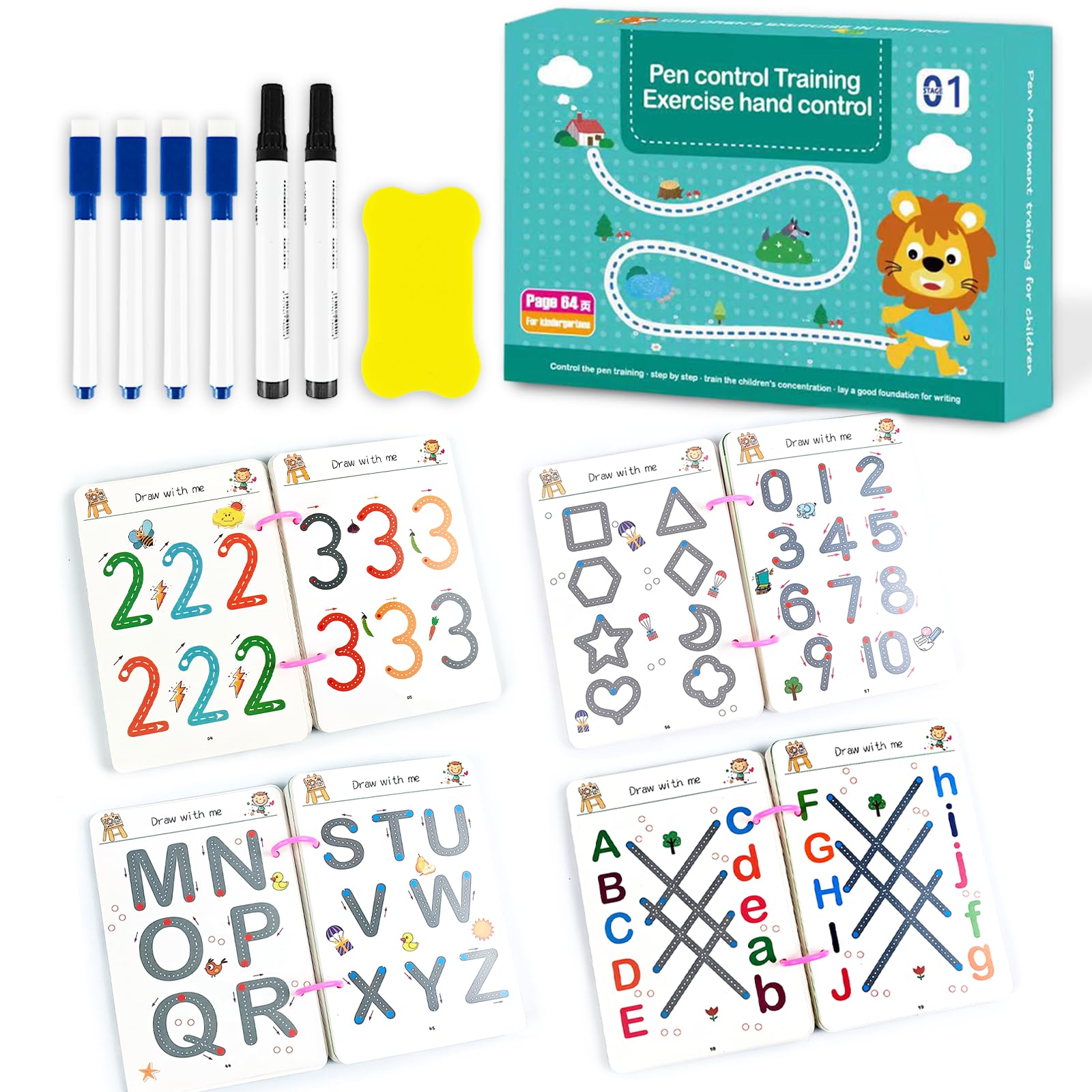 Tangdudu 64 Pages Scribble Smart Workbook, Reusable Tracing Books for Learning Number Letter Math Draw, Handwriting Practice Books, Practice Copybook for Kids Age 4 5 6 7 8 Kindergarten Preschool — image 1