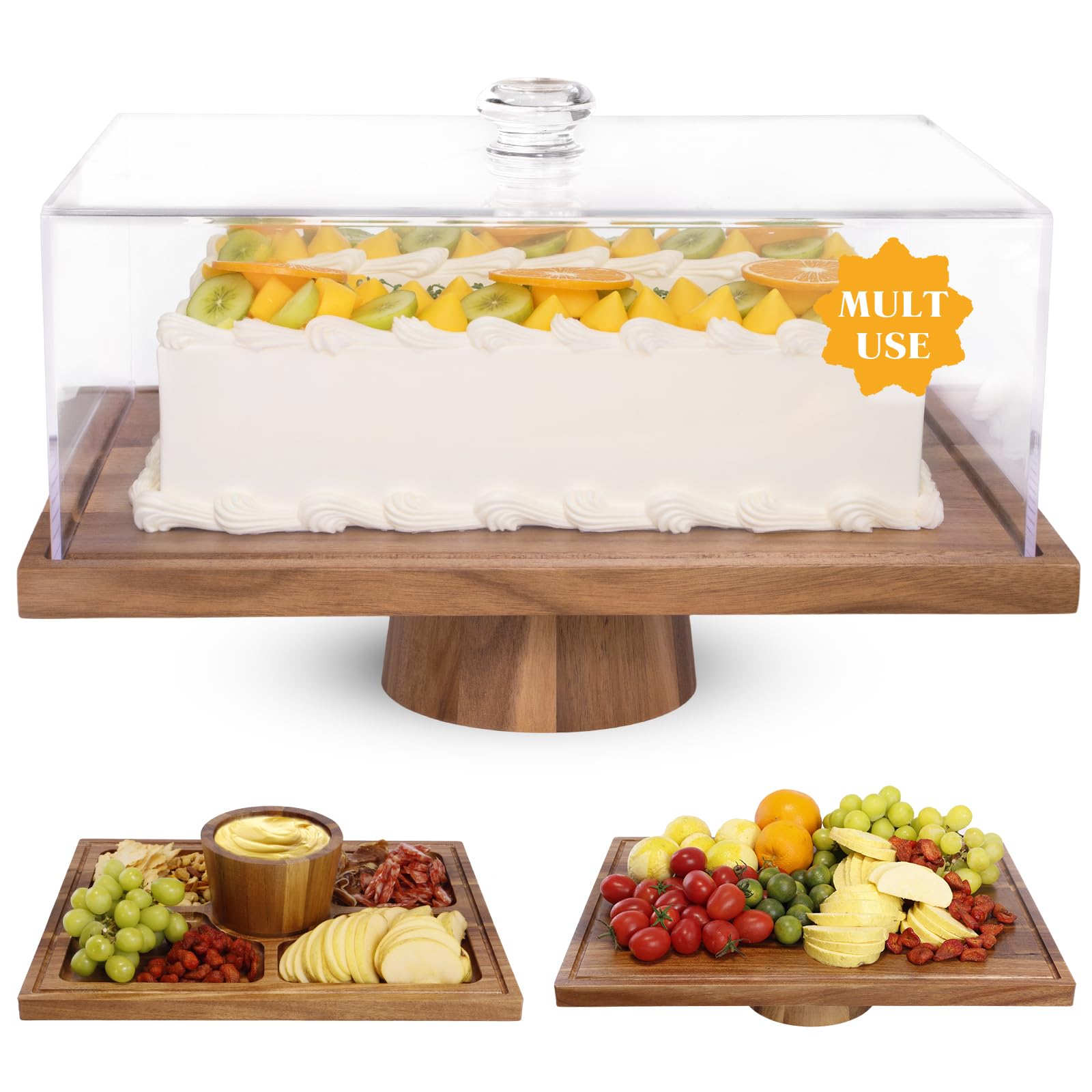 Photo 1 of ***DAMAGED - SEE NOTES/PICTURES***
Acacia Wood Cake Stand with Lid - 15" Rectangular 2-in-1 Serving Board & Dessert Display, Shatterproof Acrylic Cake Dome Cover(5.1" high), Charcuterie Platter for Cheese, Fruit, Appetizers (15 inch)