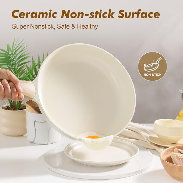 SENSARTE CERAMIC NONSTICK FRYING PAN SKILLET WITH LID, 9.5INCH NON STICK PAN OMELET PANS, NON-TOXIC KITCHEN COOKING CHEF’S PAN, FREE OF INTENTIONALLY ADDED PFAS/PTFE/PFOA, INDUCTION COMPATIBLE, WHITE