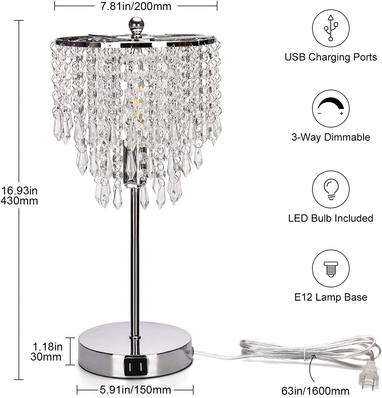 Touch Control Crystal Table Lamp with Dual USB Charging Ports, 3-Way Dimmable Bedside Touch Lamp Decorative Nightstand Lamp with Elegant Lamp Shade for Living Room Bedroom, B11 6W LED Bulb Included - - 