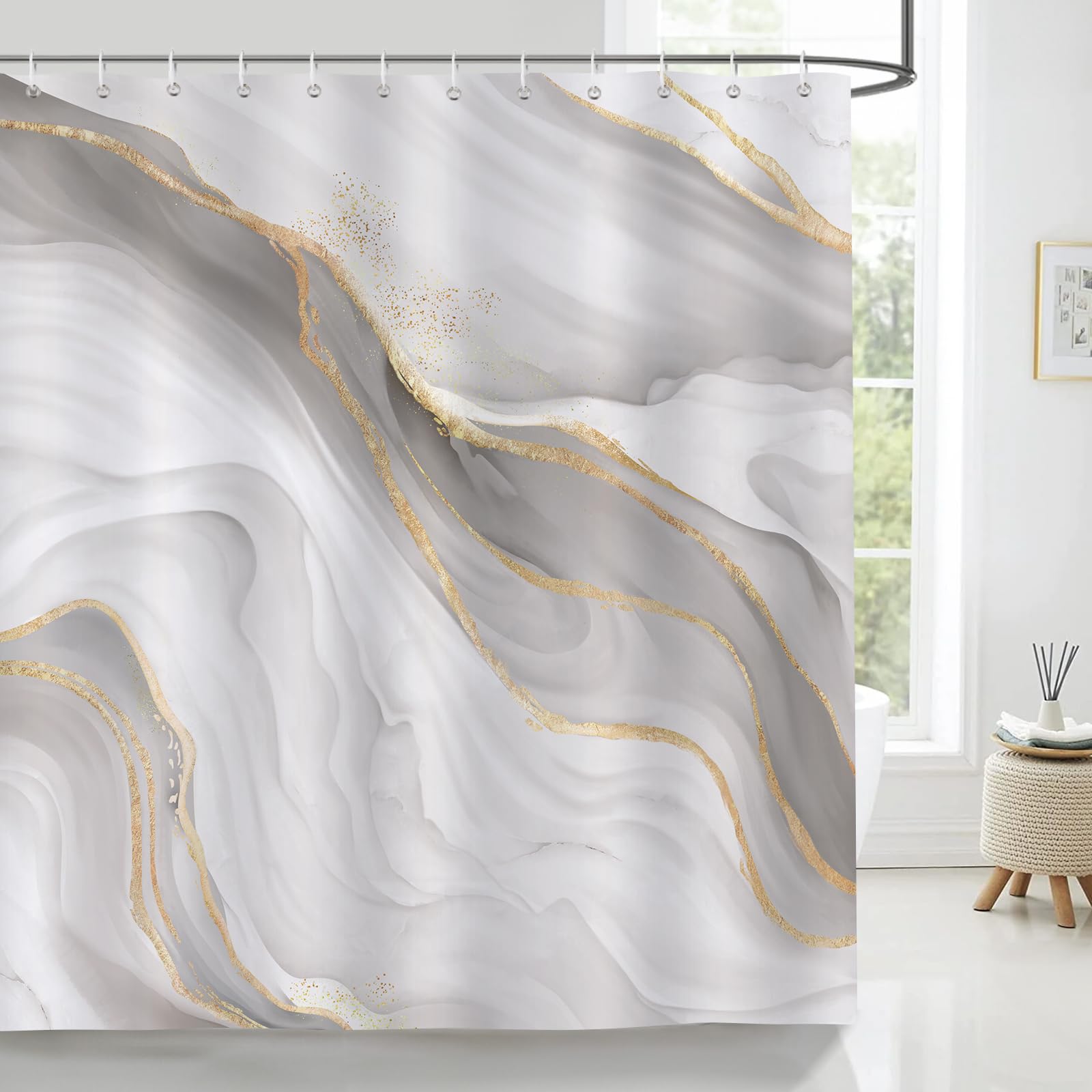 Bonhause Grey Gold Marble Shower Curtain Abstract Modern Luxury Bathroom Curtain 180 x 180 cm Waterproof Mildew & Mould Resistant Polyester Fabric Bath Curtain with 12 Hooks