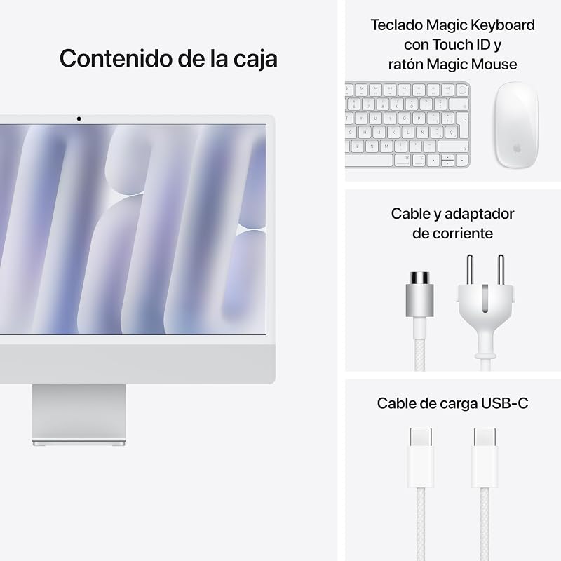 Computador de secretária iMac All-in-One com chip M4, CPU e GPU de 8 núcleos: concebido para Apple Intelligence, ecrã Retina de 24", 16 GB de RAM, SSD de 256 GB, vidro nanotexturizado - prateado