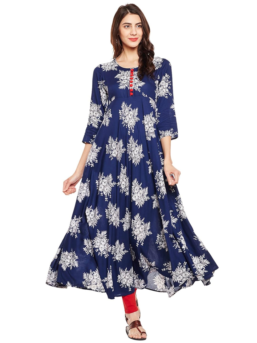 tissu women's viscose rayon floral printed indigo flared kurta