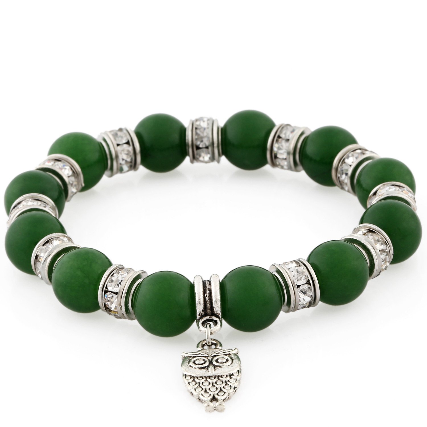 Morella Women's Bracelet Elastic with Owl Pendant and Stone Beads Green