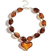 NoctisNest Chunky Heart Necklaces for Women - Exaggerated Statement Puff Beaded Necklace with Heart Pendant, Amber Acrylic Necklace Gift for Girlfriends Wife Mom Formal Casual Gift