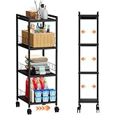Expandable Slim Storage Cart with Wheels, 4 Tier Narrow Metal Rolling Utility Cart Organizer Adjustable Open Floor Shelving Unit for Small Spaces Bathroom Laundry Room Kitchen