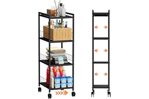 Expandable Slim Storage Cart with Wheels, 4 Tier Narrow Metal Rolling Utility Carts Organizer Adjustable Open Floor Shelving 