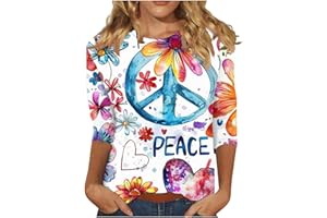 generic Love and Peace T Shirts for Women Fashion Tie Dye Floral Print 3/4 Length Sleeve Tops Loose Fit Crew Neck Blouses