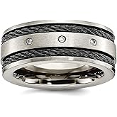Titanium Brushed Black Cable and Diamonds 10mm Band Ring Ring for Women and Men