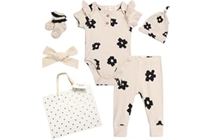 Jessica Simpson Baby Girl Layette Set - 4 Piece Newborn Baby Girl Outfits with Onesie Bodysuit Baby Pants Hat & Socks (0-9M)