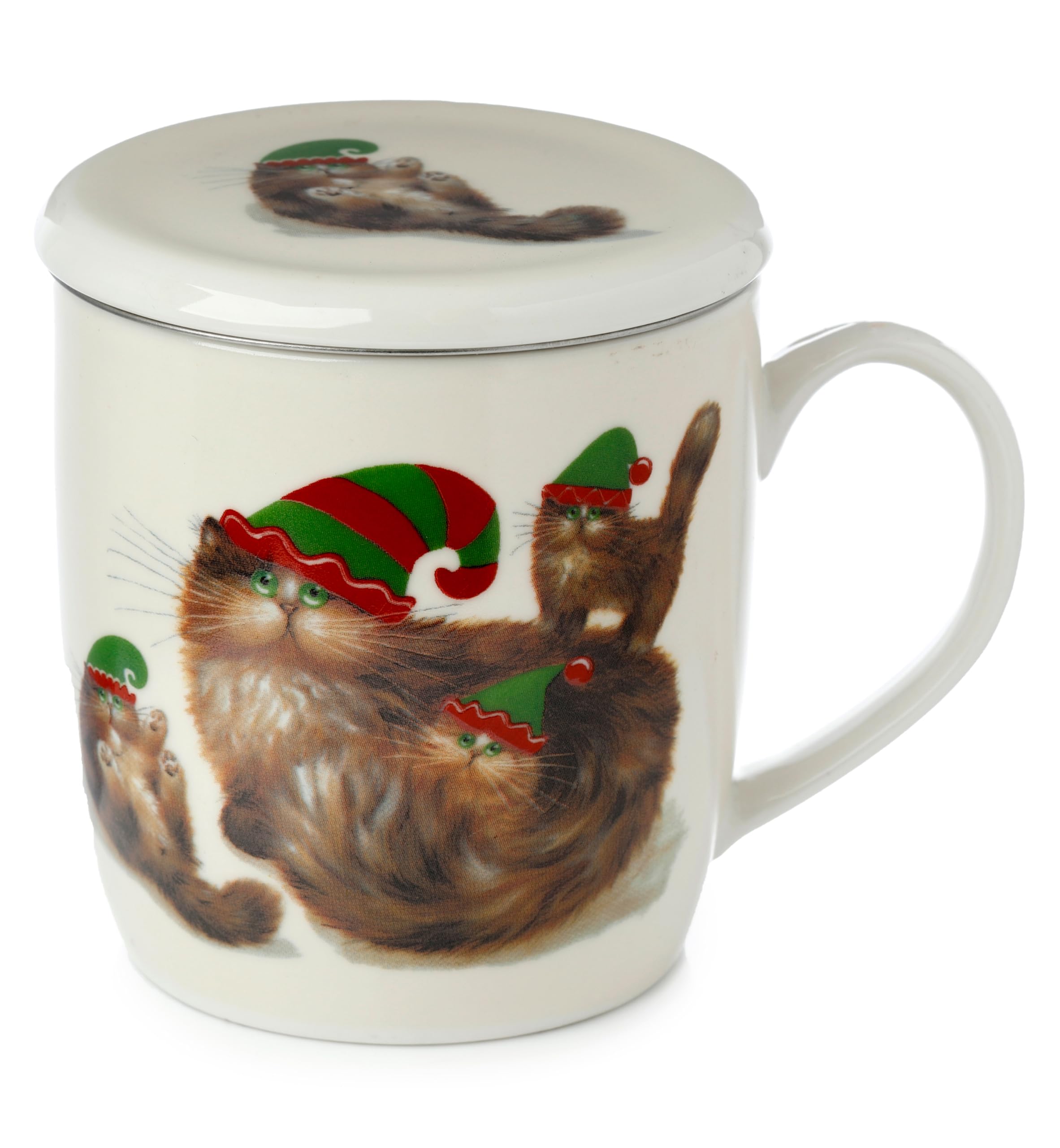 Puckator Kim Haskins Christmas Elf Cats Porcelain Infuser Tea Coffee Mug Set with Lid - Funny Home Accessories - Cute Gifts for Girlfriend - Large Mugs for Men Women Hot Drinks - Cute Cups Presents