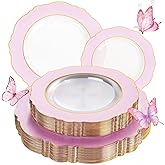 WDF 60Pcs Pink Plates Disposable with Gold Rim - Baroque Clear Pink and Gold Plastic Party Plates Ideal for Wedding, Valentine's Day